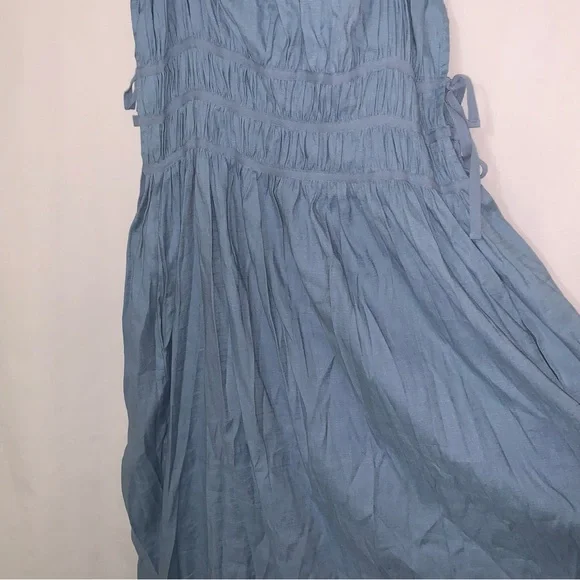 CULT GAIA Lola Smocked Linen Midi Dress Blue Steel NWT - Picture 8 of 13